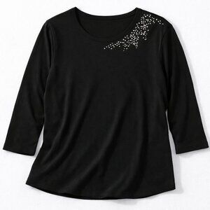 Quacker Factory Knit Top Rhinestone Spray 3/4 Sleeve Black Size 3X NWT